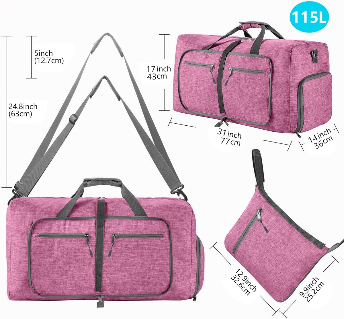 65L/85L/115L Foldable Travel Duffle Bag, Lightweight Checked Luggage with Shoe Compartment, Water-Resistant Weekender Overnight Bag for Men & Women