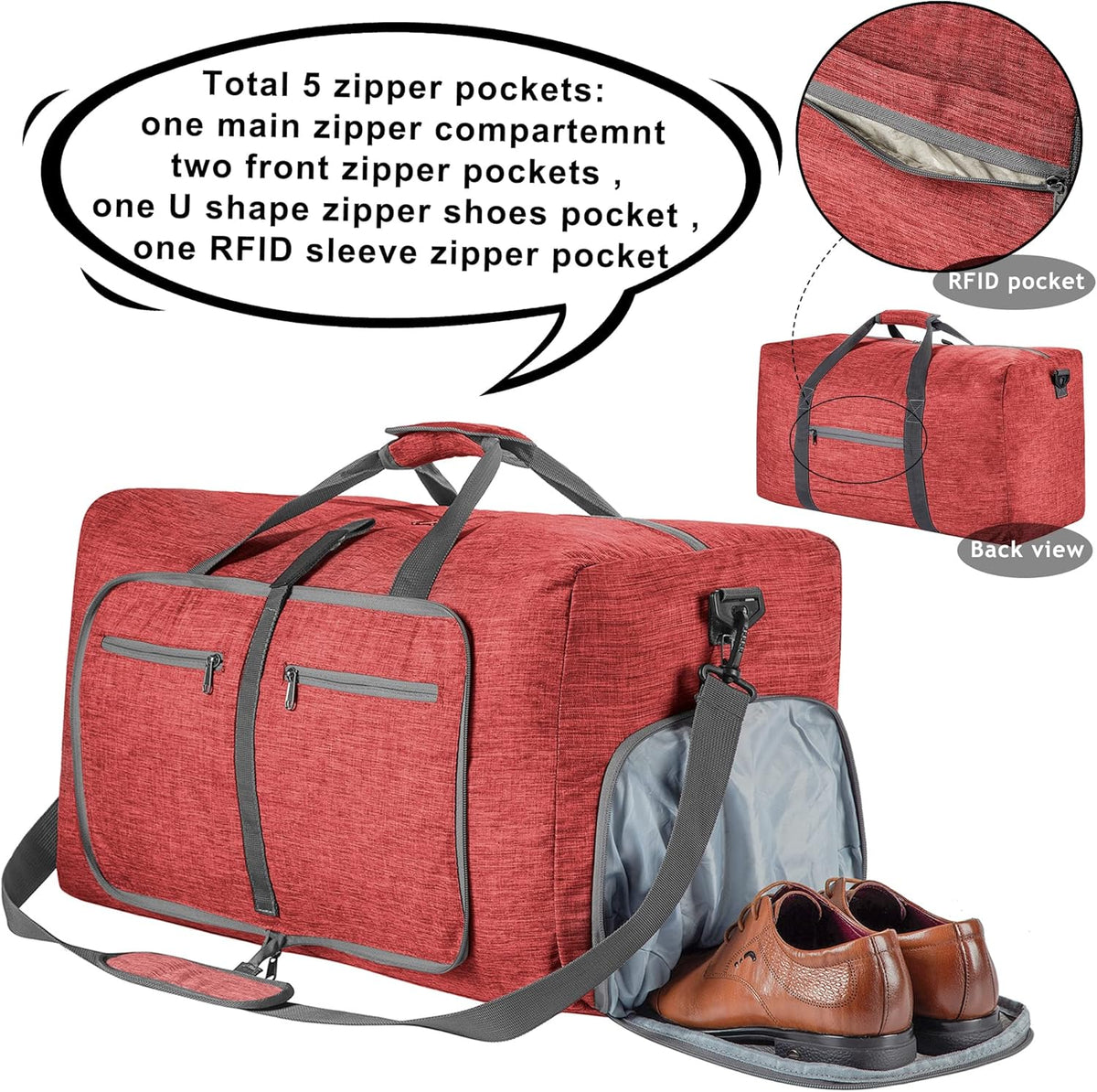 65L/85L/115L Foldable Travel Duffle Bag, Lightweight Checked Luggage with Shoe Compartment, Water-Resistant Weekender Overnight Bag for Men & Women