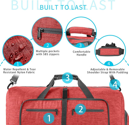 65L/85L/115L Foldable Travel Duffle Bag, Lightweight Checked Luggage with Shoe Compartment, Water-Resistant Weekender Overnight Bag for Men & Women