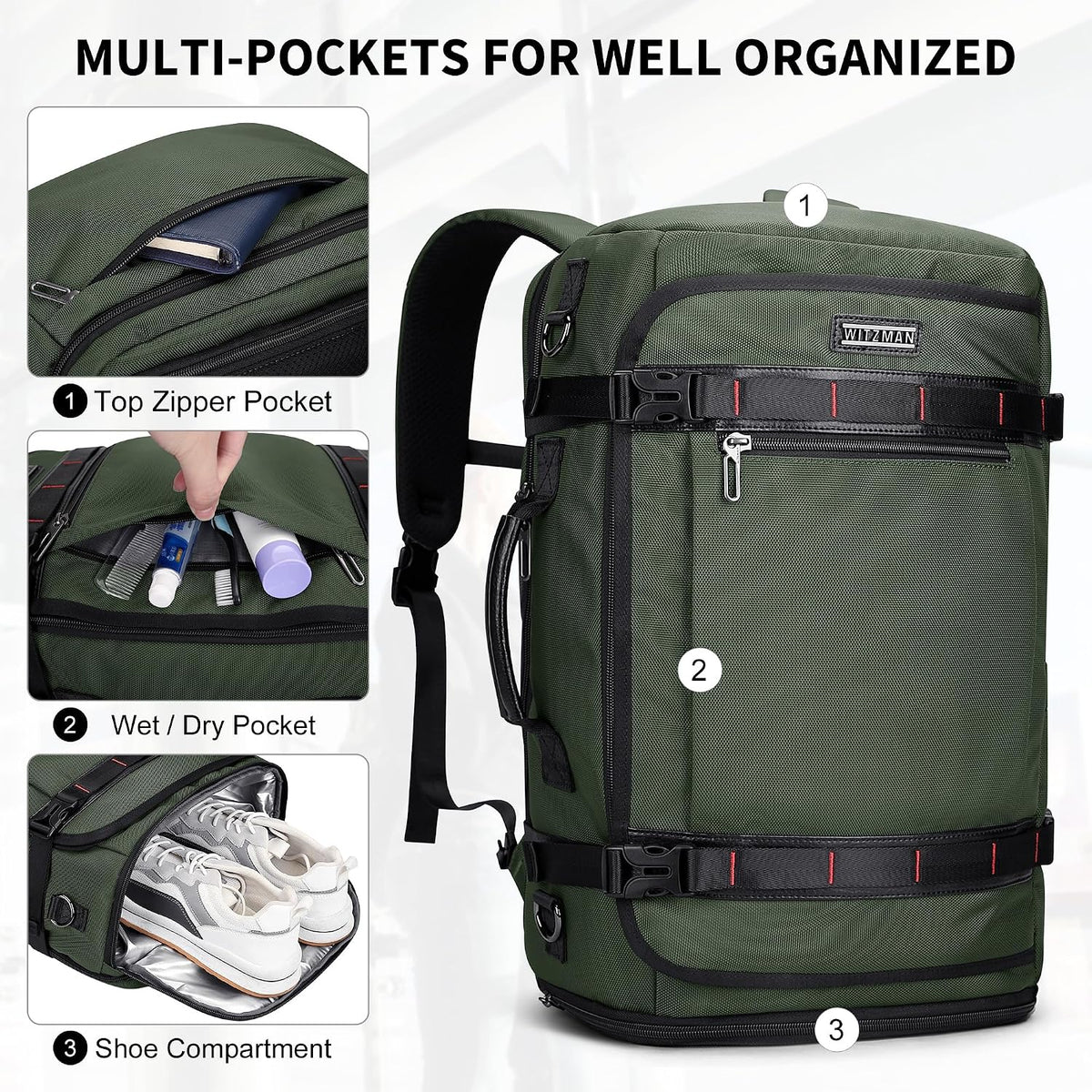 Travel Backpack for Men 35L TSA Friendly Flight Approved | Nylon Laptop Backpack Multi-pocket Fits 16 Inch, Carry-on Luggage, Shoe Compartment, For Business Trip, Vacation, B718 Black