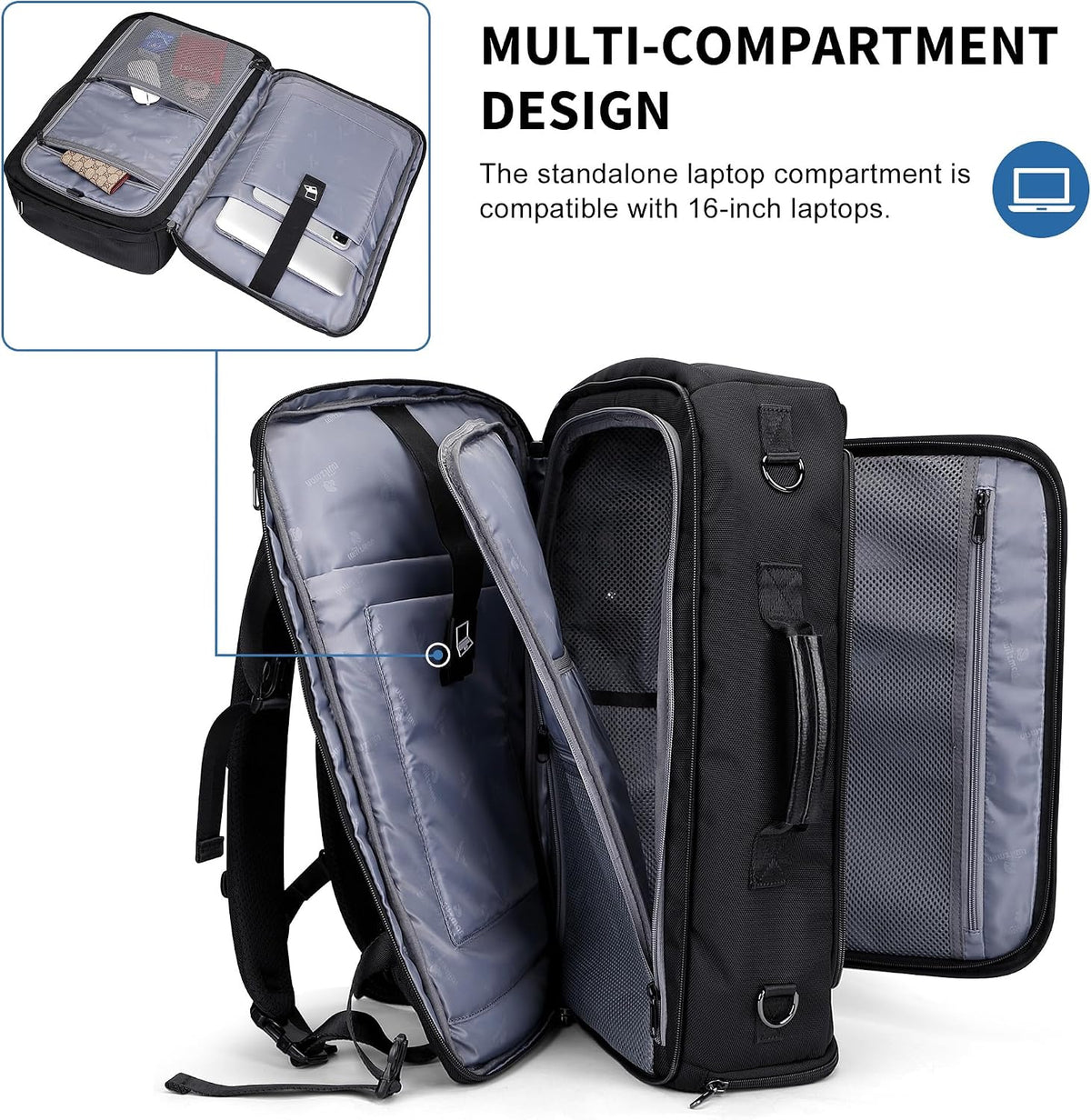 Travel Backpack for Men 35L TSA Friendly Flight Approved | Nylon Laptop Backpack Multi-pocket Fits 16 Inch, Carry-on Luggage, Shoe Compartment, For Business Trip, Vacation, B718 Black