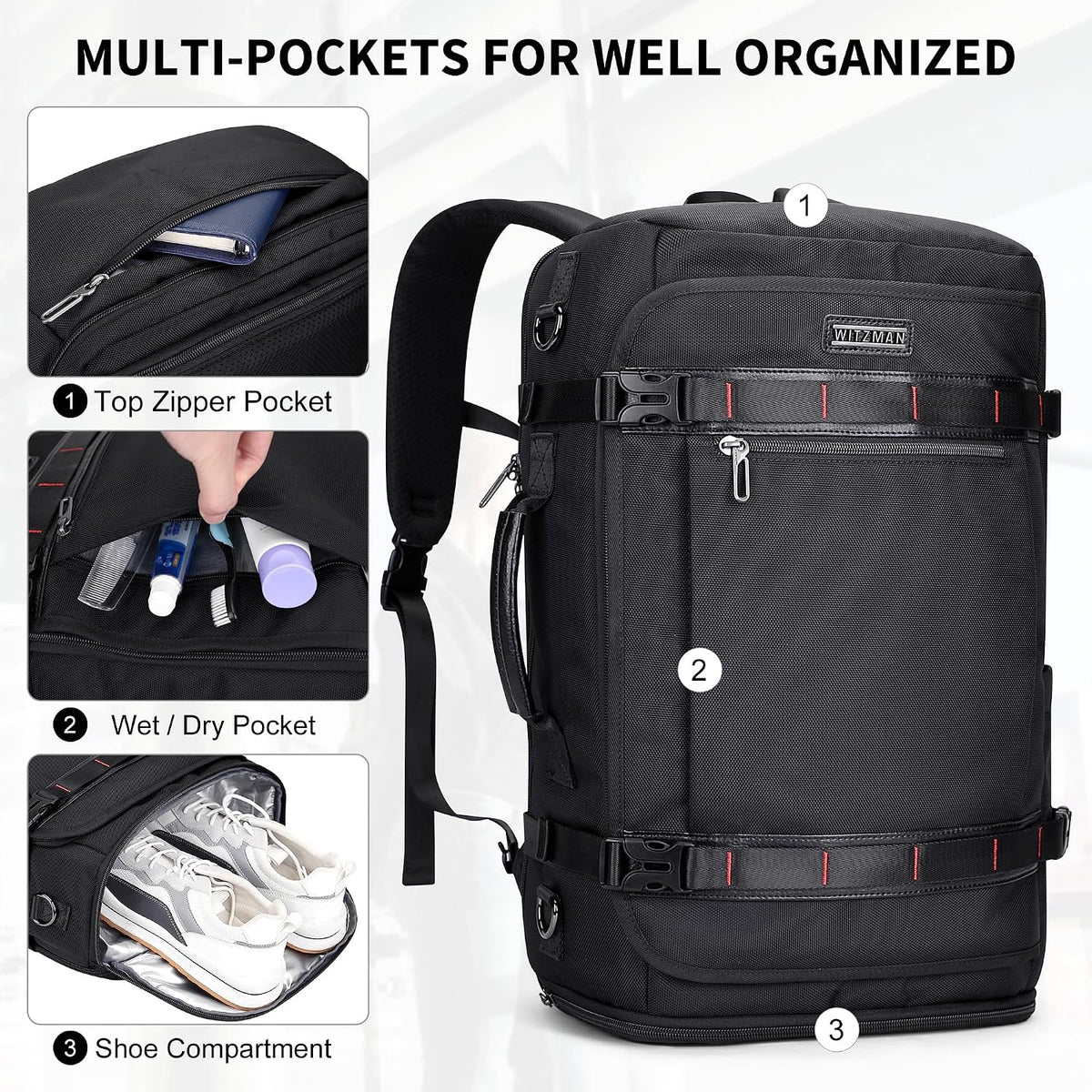 Travel Backpack for Men 35L TSA Friendly Flight Approved | Nylon Laptop Backpack Multi-pocket Fits 16 Inch, Carry-on Luggage, Shoe Compartment, For Business Trip, Vacation, B718 Black