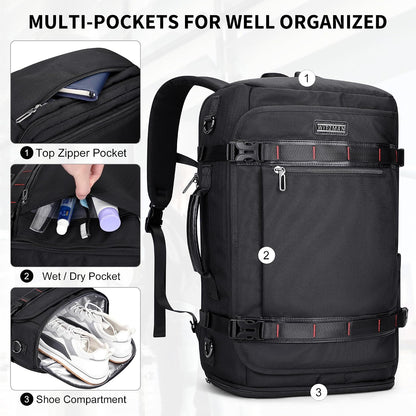 Travel Backpack for Men 35L TSA Friendly Flight Approved | Nylon Laptop Backpack Multi-pocket Fits 16 Inch, Carry-on Luggage, Shoe Compartment, For Business Trip, Vacation, B718 Black