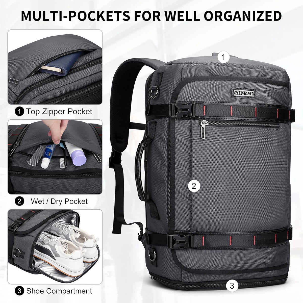 Travel Backpack for Men 35L TSA Friendly Flight Approved | Nylon Laptop Backpack Multi-pocket Fits 16 Inch, Carry-on Luggage, Shoe Compartment, For Business Trip, Vacation, B718 Black