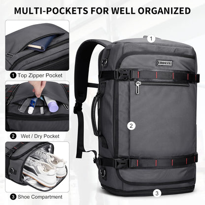 Travel Backpack for Men 35L TSA Friendly Flight Approved | Nylon Laptop Backpack Multi-pocket Fits 16 Inch, Carry-on Luggage, Shoe Compartment, For Business Trip, Vacation, B718 Black