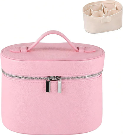 Felicity Round Makeup Bag - Waterproof Travel Cosmetic Organizer with Compartments and Handle, Small Vanity Case for Women
