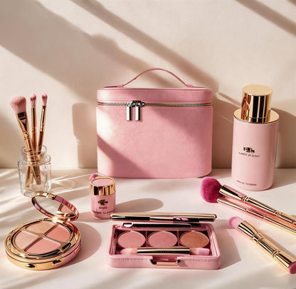 Felicity Round Makeup Bag - Waterproof Travel Cosmetic Organizer with Compartments and Handle, Small Vanity Case for Women