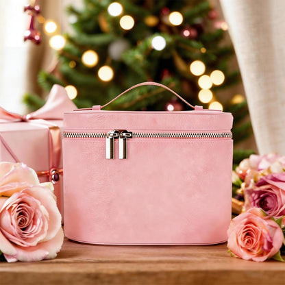 Felicity Round Makeup Bag - Waterproof Travel Cosmetic Organizer with Compartments and Handle, Small Vanity Case for Women