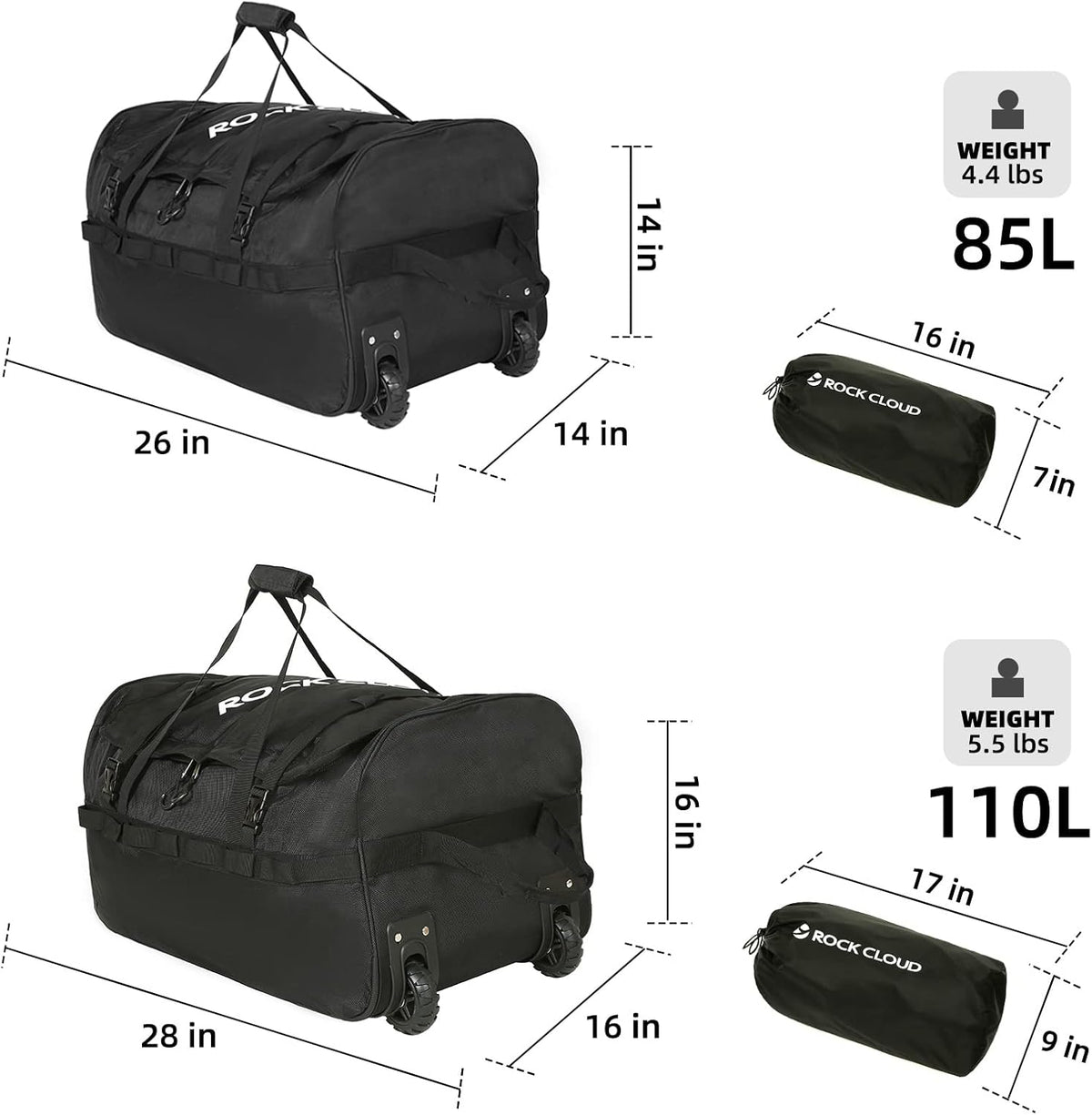 Foldable Wheeled Duffel Bag with Widened Wheels 85L Rolling Duffle Bag Packable 26 inch for Travel Camping Sports