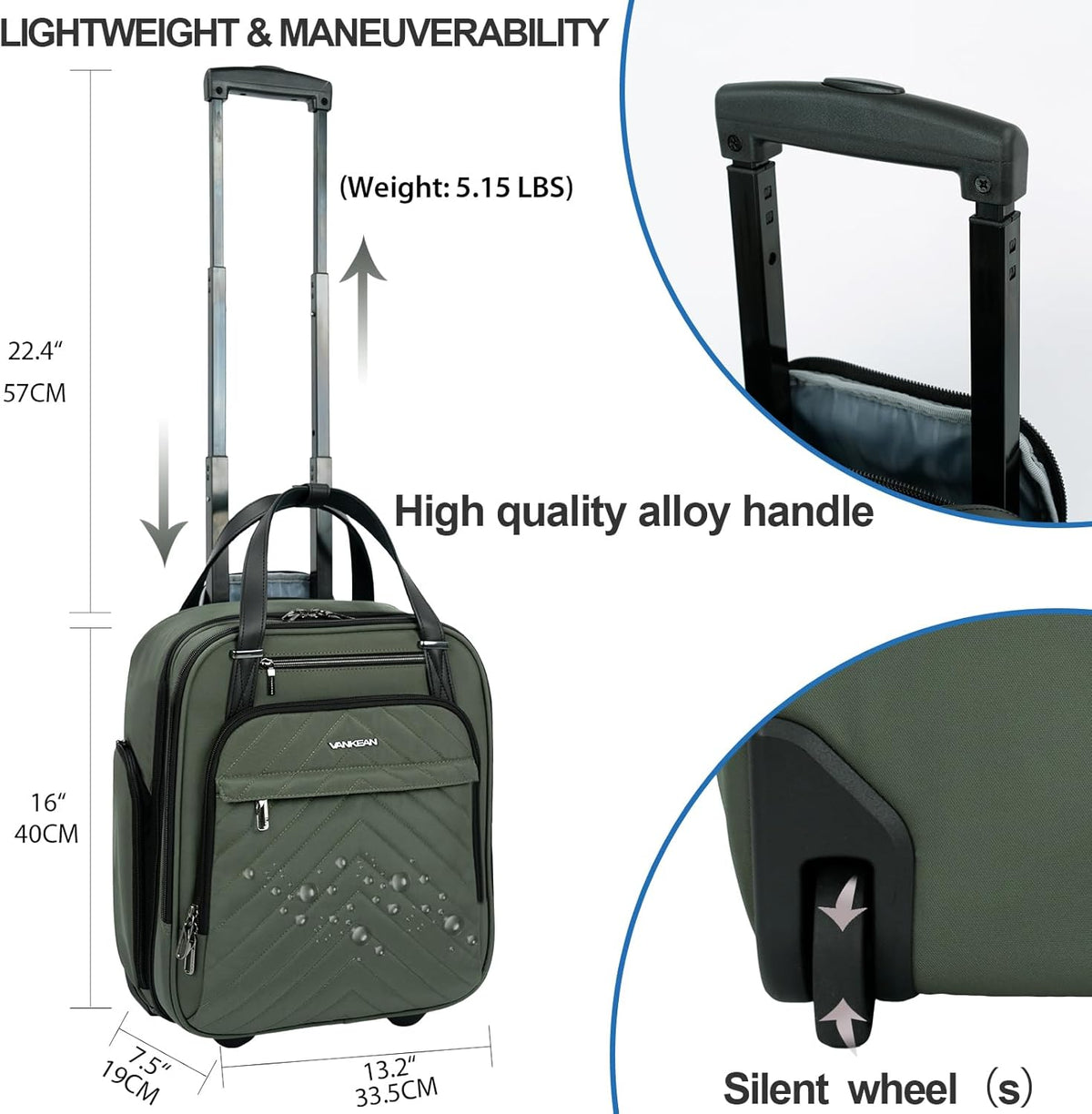 Carry On Underseat 16-inch Multi-functional Underseater Lightweight Overnight Suitcase with Wheels, Roller Case for Men Women Travel Business, Army Green