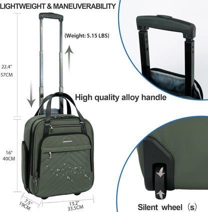 Carry On Underseat 16-inch Multi-functional Underseater Lightweight Overnight Suitcase with Wheels, Roller Case for Men Women Travel Business, Army Green