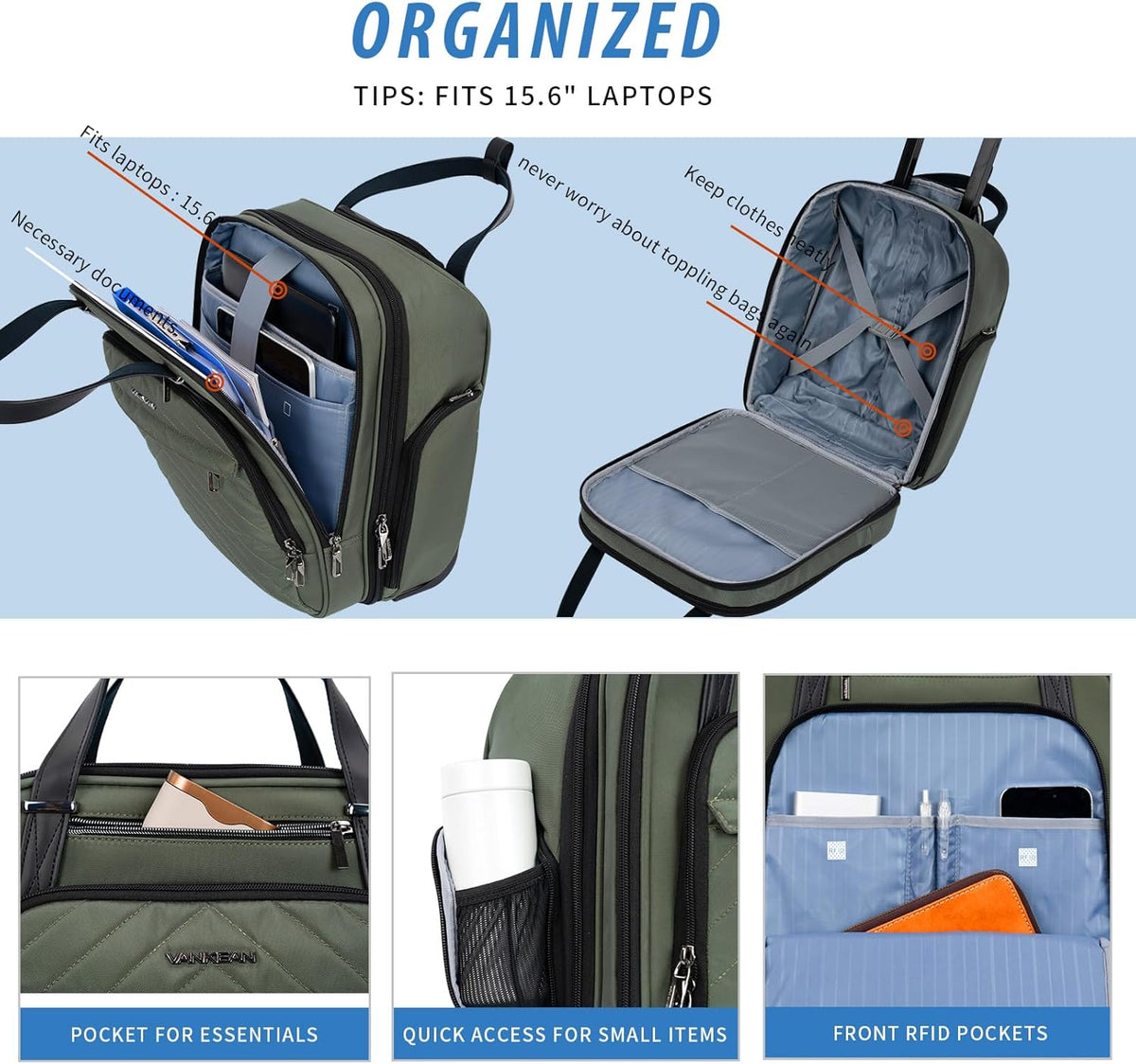 Carry On Underseat 16-inch Multi-functional Underseater Lightweight Overnight Suitcase with Wheels, Roller Case for Men Women Travel Business, Army Green