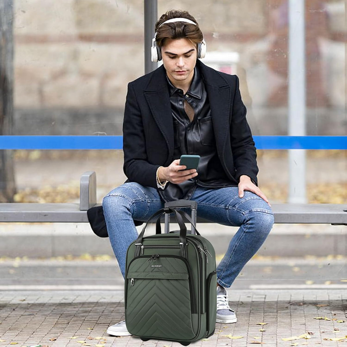 Carry On Underseat 16-inch Multi-functional Underseater Lightweight Overnight Suitcase with Wheels, Roller Case for Men Women Travel Business, Army Green