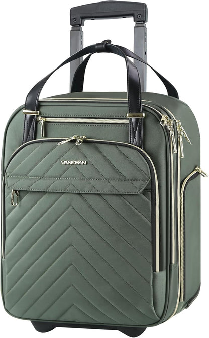 Carry On Underseat 16-inch Multi-functional Underseater Lightweight Overnight Suitcase with Wheels, Roller Case for Men Women Travel Business, Army Green
