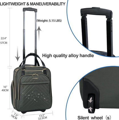 Carry On Underseat 16-inch Multi-functional Underseater Lightweight Overnight Suitcase with Wheels, Roller Case for Men Women Travel Business, Army Green