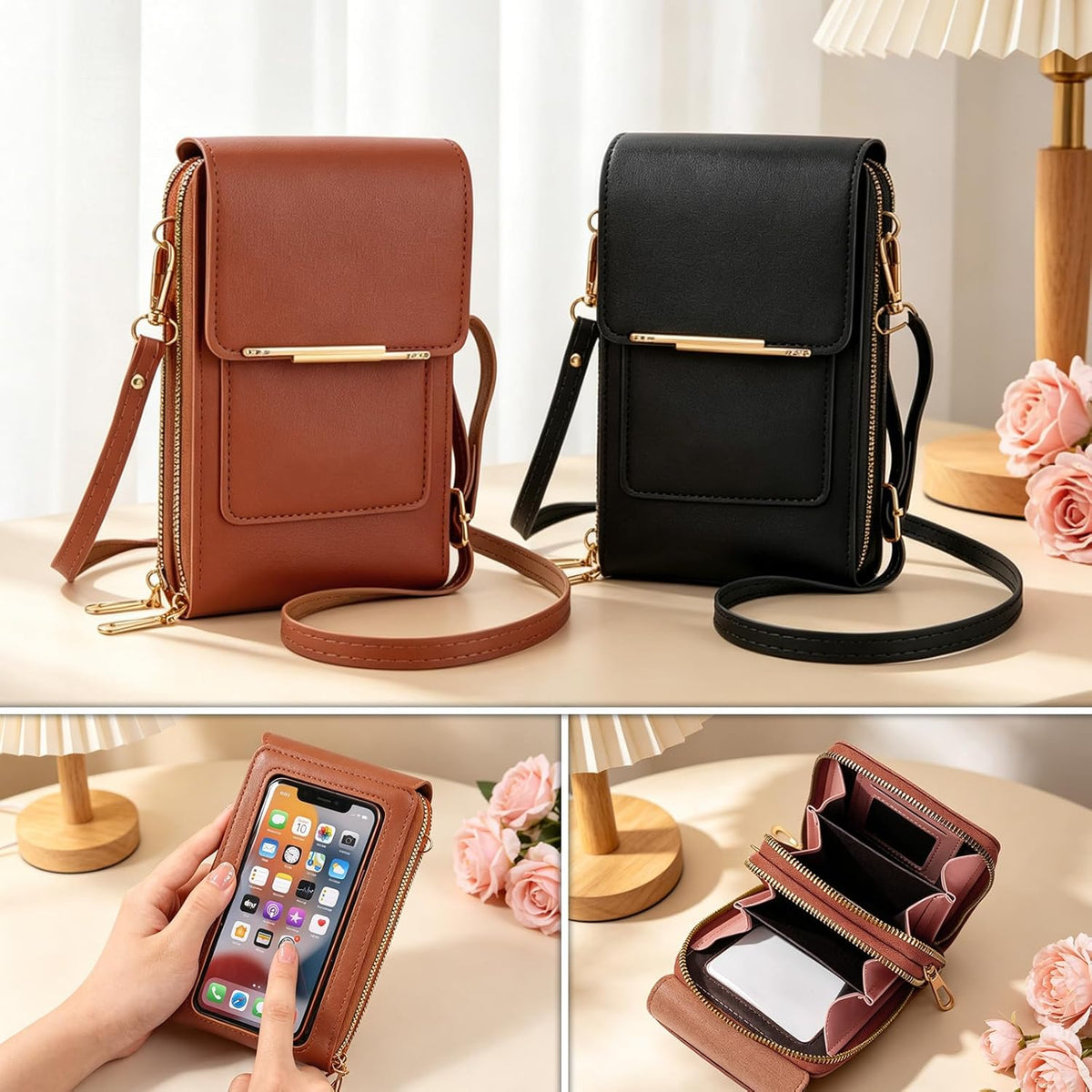 Touchscreen Phone Crossbody Purse for Women, Anti-Theft PU Leather Messenger Bag, Sensitive Touch Screen Window
