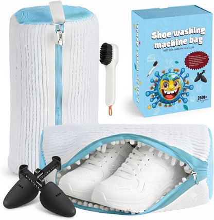Shoe Washing Machine Bag for Sneakers - 360° Microfiber Laundry Shoe Bag for Washer & Dryer - Zipper Protection with 1x Brush & Pair of Trees - Universal Size Reusable Shoe Bag - Pack of 2