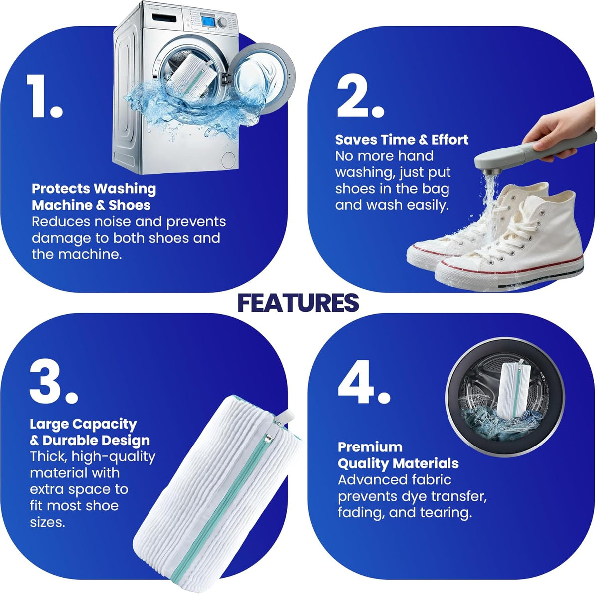 Shoe Washing Machine Bag for Sneakers - 360° Microfiber Laundry Shoe Bag for Washer & Dryer - Zipper Protection with 1x Brush & Pair of Trees - Universal Size Reusable Shoe Bag - Pack of 2