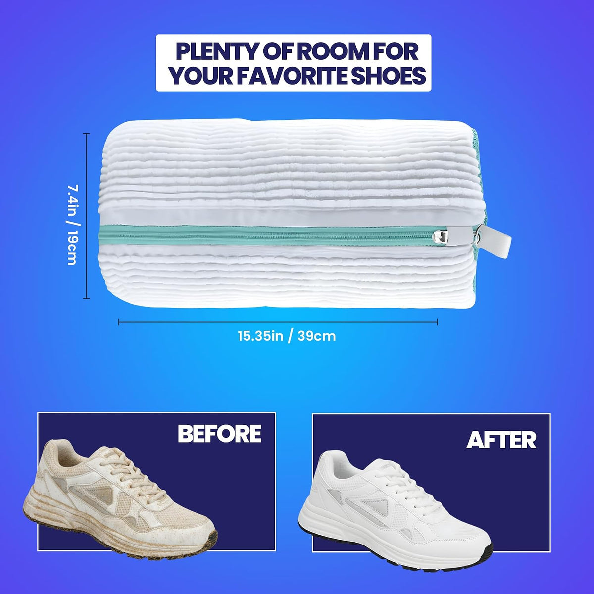 Shoe Washing Machine Bag for Sneakers - 360° Microfiber Laundry Shoe Bag for Washer & Dryer - Zipper Protection with 1x Brush & Pair of Trees - Universal Size Reusable Shoe Bag - Pack of 2
