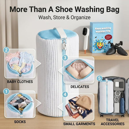 Shoe Washing Machine Bag for Sneakers - 360° Microfiber Laundry Shoe Bag for Washer & Dryer - Zipper Protection with 1x Brush & Pair of Trees - Universal Size Reusable Shoe Bag - Pack of 2