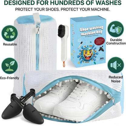 Shoe Washing Machine Bag for Sneakers - 360° Microfiber Laundry Shoe Bag for Washer & Dryer - Zipper Protection with 1x Brush & Pair of Trees - Universal Size Reusable Shoe Bag - Pack of 2