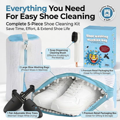 Shoe Washing Machine Bag for Sneakers - 360° Microfiber Laundry Shoe Bag for Washer & Dryer - Zipper Protection with 1x Brush & Pair of Trees - Universal Size Reusable Shoe Bag - Pack of 2