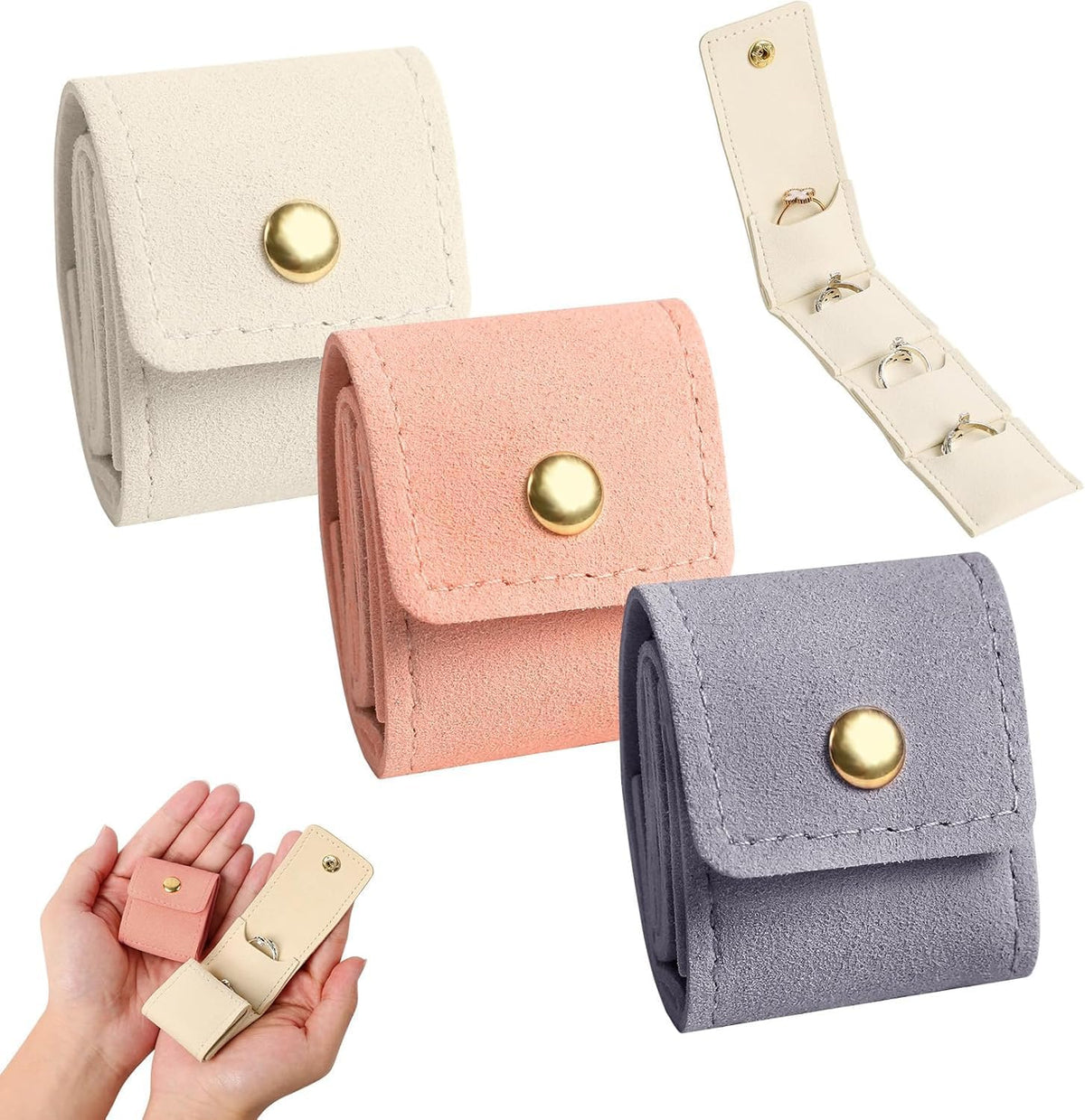 3Pcs Mini Travel Jewelry Bag, Mini Travel Jewelry Roll Bag with Buckle, Portable Foldable Travel Jewelry Organizer Case for Journey Rings, Necklaces, Earrings