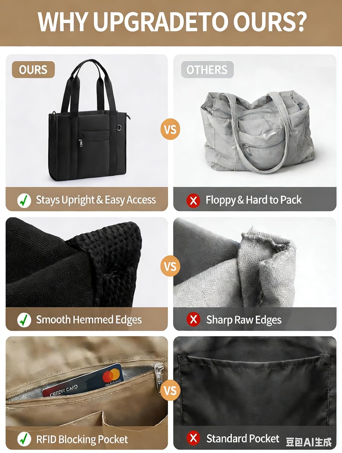 Work Tote Bag for Women, Lightweight Puffer Tote Crossbody with Zipper | Travel Utility Tote Multi-Pocket, RFID Pocket, Large Capacity, Luggage Sleeve, Shoulder Bag for Office, Daily, Gym, Teacher