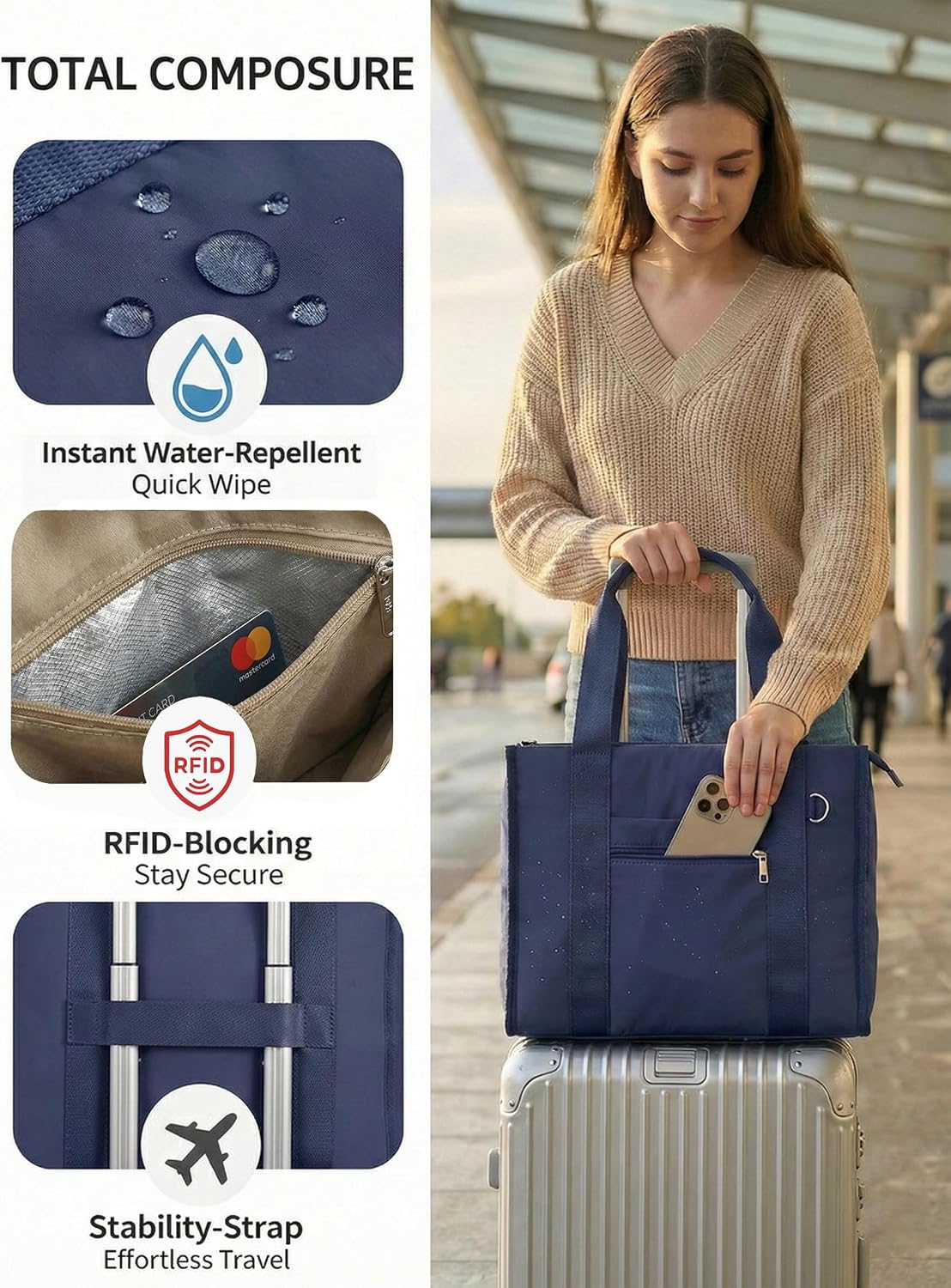 Work Tote Bag for Women, Lightweight Puffer Tote Crossbody with Zipper | Travel Utility Tote Multi-Pocket, RFID Pocket, Large Capacity, Luggage Sleeve, Shoulder Bag for Office, Daily, Gym, Teacher