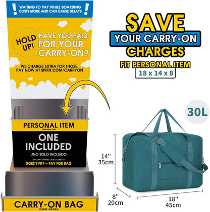 For Spirit Airlines Personal Item Bag 18x14x8 Foldable Travel Duffel Bag Underseat Carry on Luggage Weekender for Women 30L (Teal)