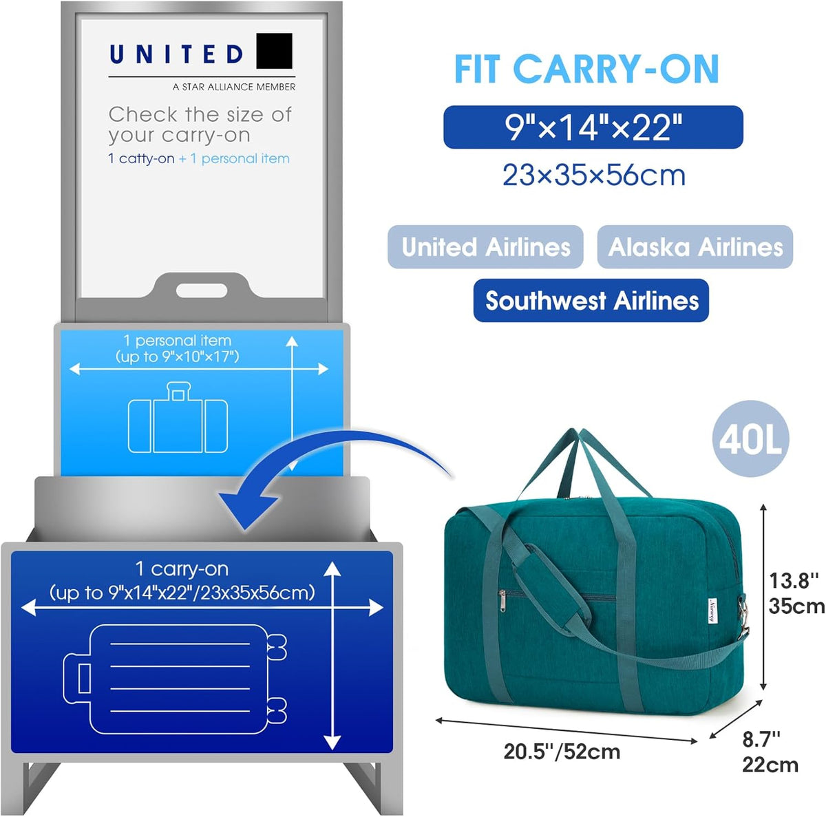 For Spirit Airlines Personal Item Bag 18x14x8 Foldable Travel Duffel Bag Underseat Carry on Luggage Weekender for Women 30L (Teal)