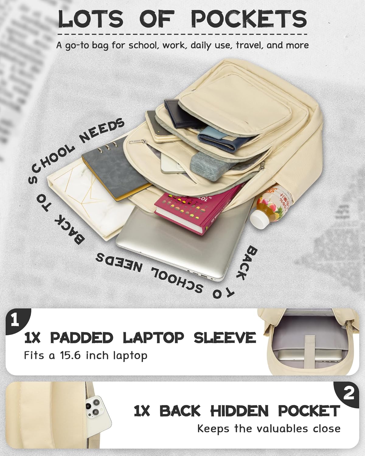 Backpack for Middle High School Teen Boys Girls Large College Bookbag with Laptop Compartment Back to School Book Bags Mochilas Escolares para Niños Niñas Adolescentes (Beige, Solid)