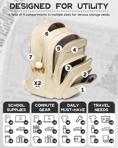 Backpack for Middle High School Teen Boys Girls Large College Bookbag with Laptop Compartment Back to School Book Bags Mochilas Escolares para Niños Niñas Adolescentes (Beige, Solid)