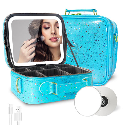 Makeup Train Case with Light & Mirror Large Cosmetic Organizer with Adjustable Dividers for Cosmetics,10X Magnifying Makeup Mirror,Pink
