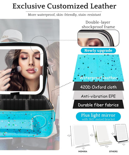Makeup Train Case with Light & Mirror Large Cosmetic Organizer with Adjustable Dividers for Cosmetics,10X Magnifying Makeup Mirror,Pink