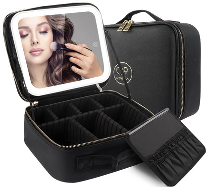 Makeup Train Case with Light & Mirror Large Cosmetic Organizer with Adjustable Dividers for Cosmetics,10X Magnifying Makeup Mirror,Pink