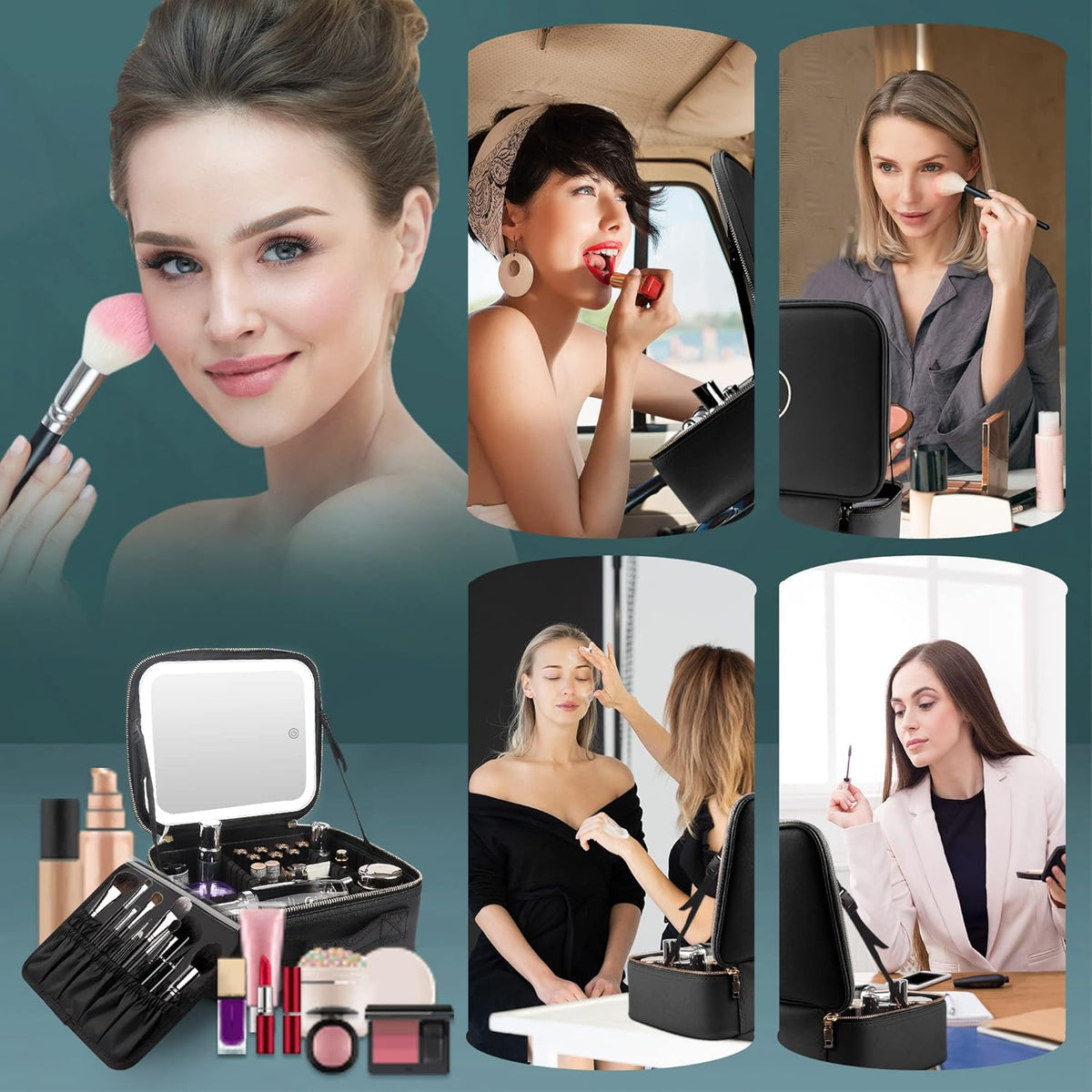 Makeup Train Case with Light & Mirror Large Cosmetic Organizer with Adjustable Dividers for Cosmetics,10X Magnifying Makeup Mirror,Pink