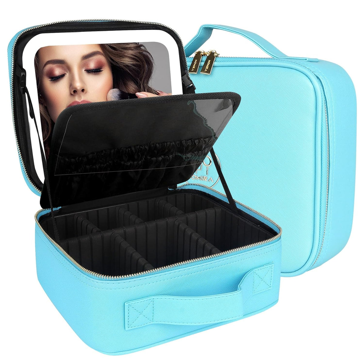 Makeup Train Case with Light & Mirror Large Cosmetic Organizer with Adjustable Dividers for Cosmetics,10X Magnifying Makeup Mirror,Pink