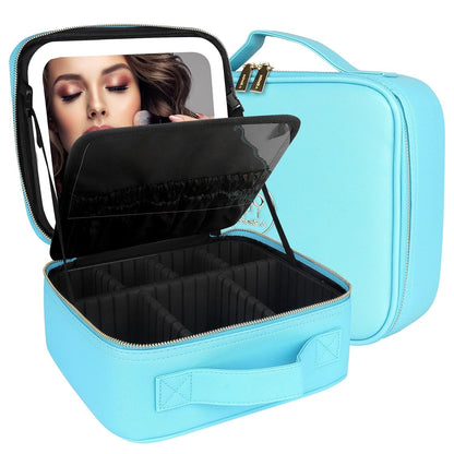 Makeup Train Case with Light & Mirror Large Cosmetic Organizer with Adjustable Dividers for Cosmetics,10X Magnifying Makeup Mirror,Pink