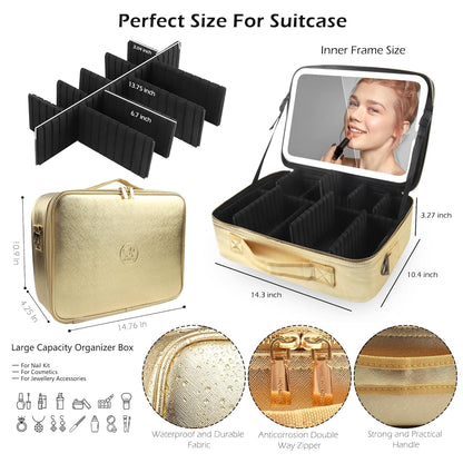 Makeup Train Case with Light & Mirror Large Cosmetic Organizer with Adjustable Dividers for Cosmetics,10X Magnifying Makeup Mirror,Pink