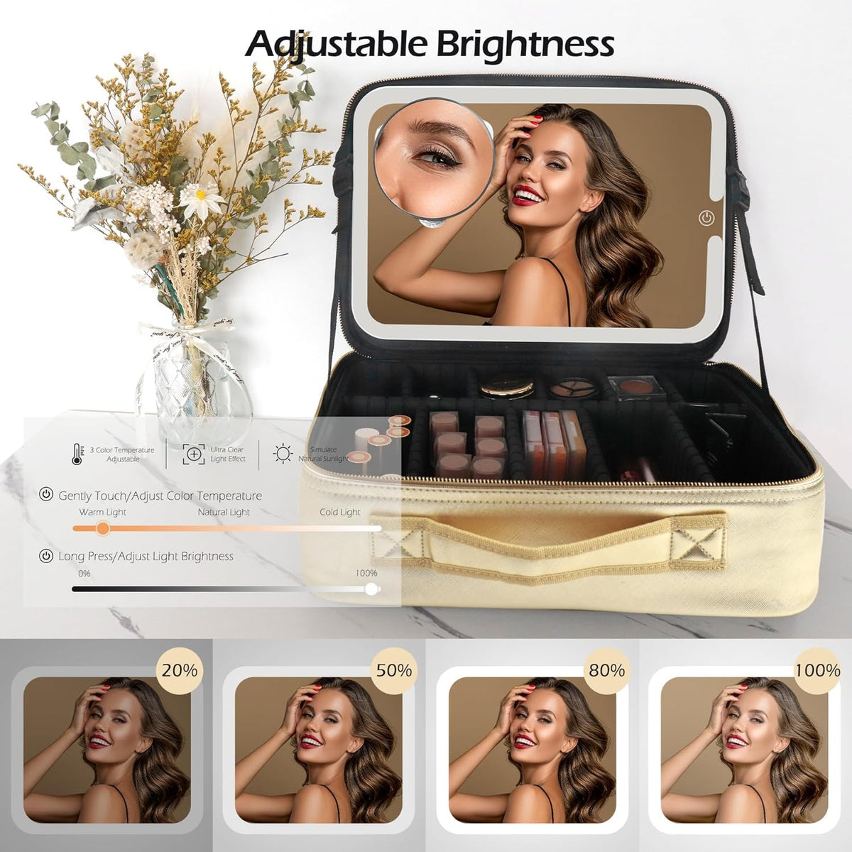 Makeup Train Case with Light & Mirror Large Cosmetic Organizer with Adjustable Dividers for Cosmetics,10X Magnifying Makeup Mirror,Pink