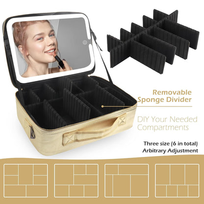 Makeup Train Case with Light & Mirror Large Cosmetic Organizer with Adjustable Dividers for Cosmetics,10X Magnifying Makeup Mirror,Pink