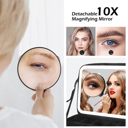 Makeup Train Case with Light & Mirror Large Cosmetic Organizer with Adjustable Dividers for Cosmetics,10X Magnifying Makeup Mirror,Pink
