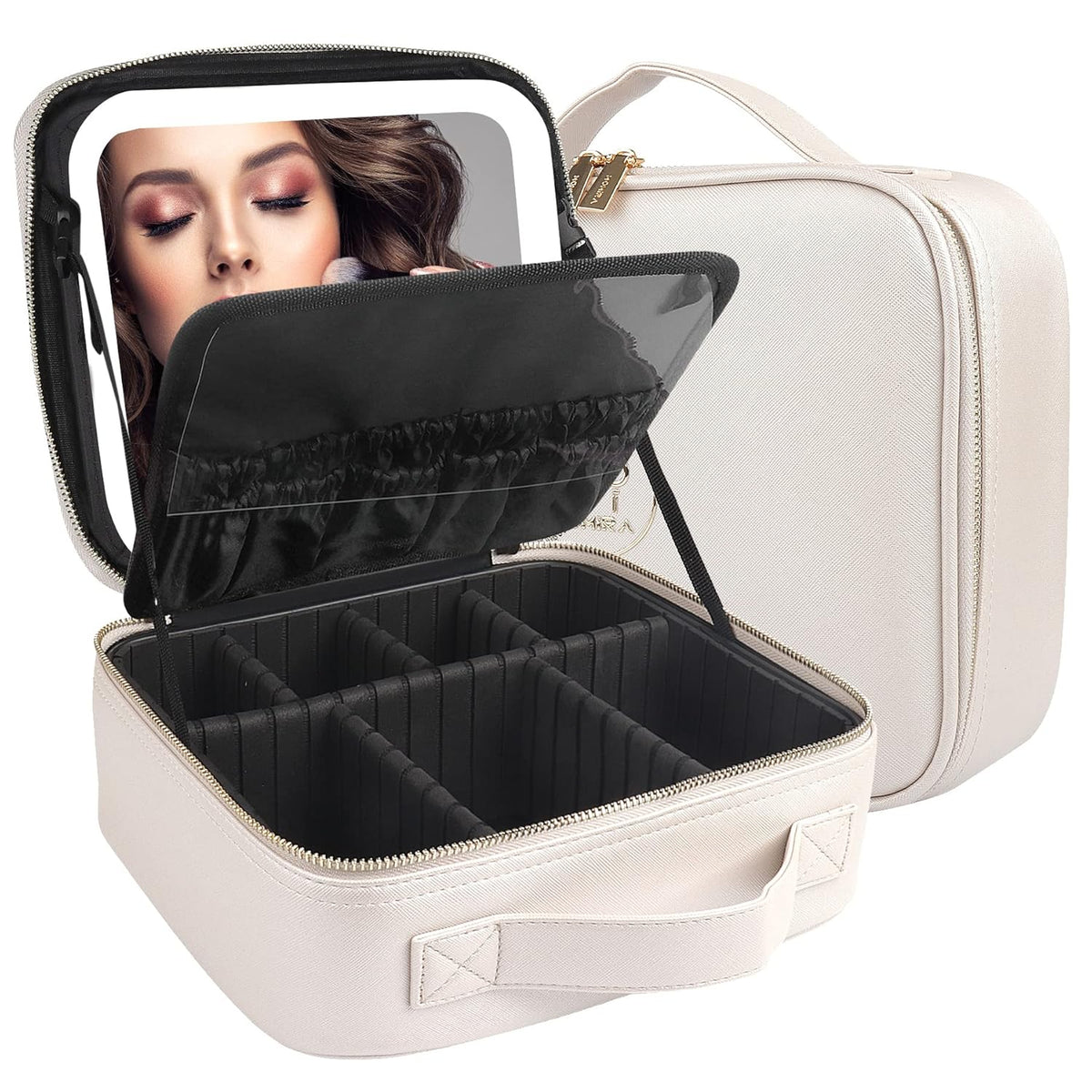 Makeup Train Case with Light & Mirror Large Cosmetic Organizer with Adjustable Dividers for Cosmetics,10X Magnifying Makeup Mirror,Pink