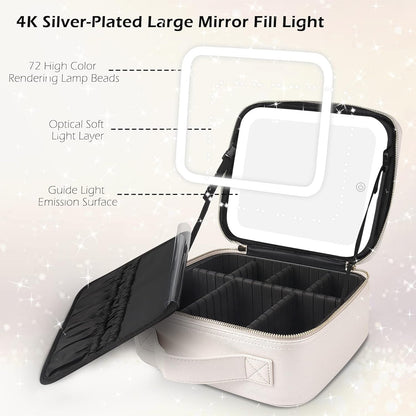 Makeup Train Case with Light & Mirror Large Cosmetic Organizer with Adjustable Dividers for Cosmetics,10X Magnifying Makeup Mirror,Pink