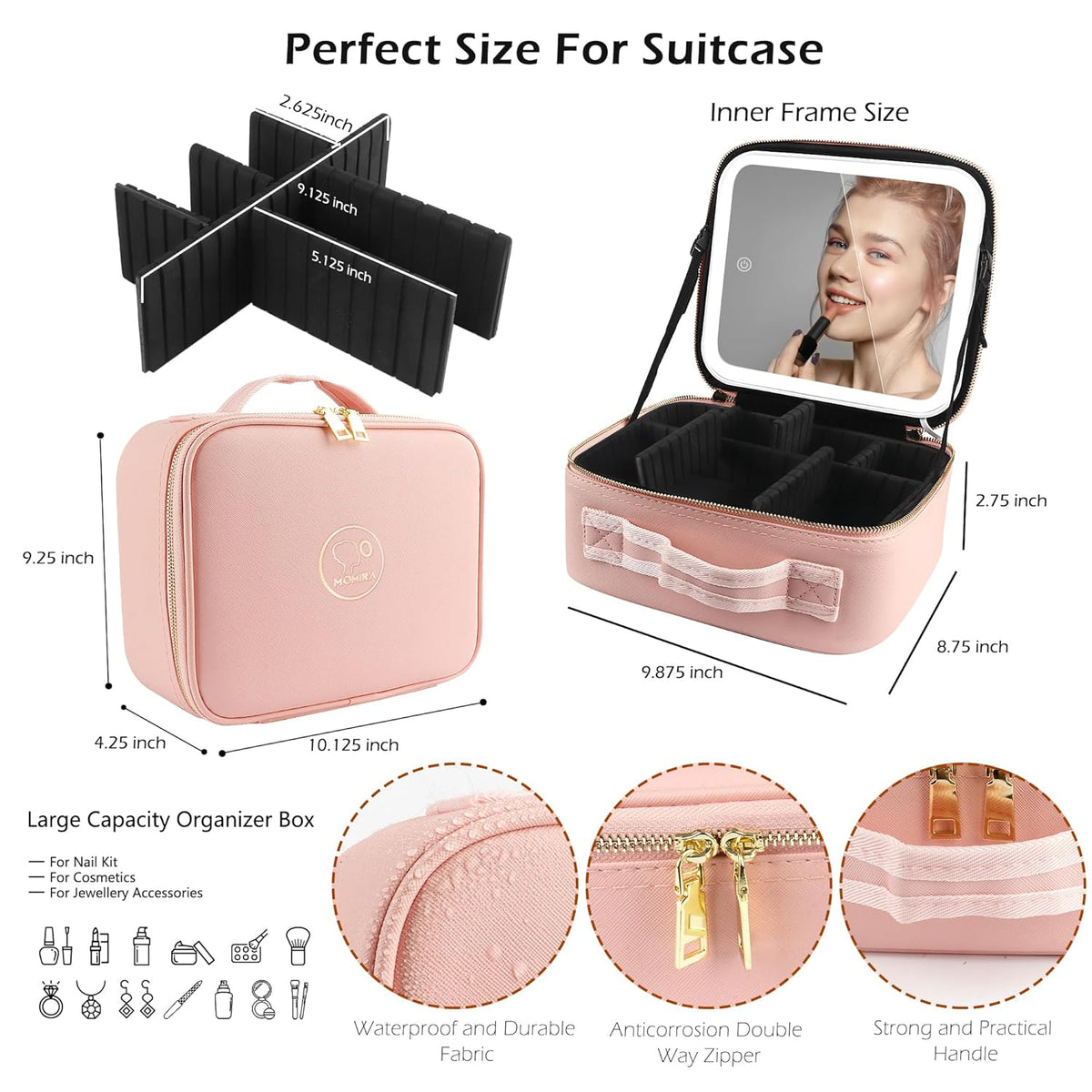 Makeup Train Case with Light & Mirror Large Cosmetic Organizer with Adjustable Dividers for Cosmetics,10X Magnifying Makeup Mirror,Pink