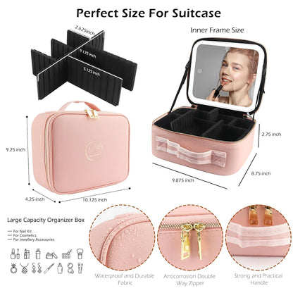 Makeup Train Case with Light & Mirror Large Cosmetic Organizer with Adjustable Dividers for Cosmetics,10X Magnifying Makeup Mirror,Pink