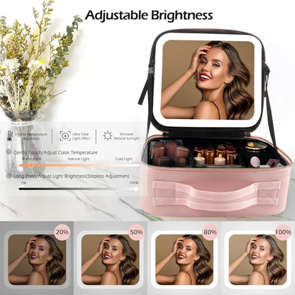 Makeup Train Case with Light & Mirror Large Cosmetic Organizer with Adjustable Dividers for Cosmetics,10X Magnifying Makeup Mirror,Pink