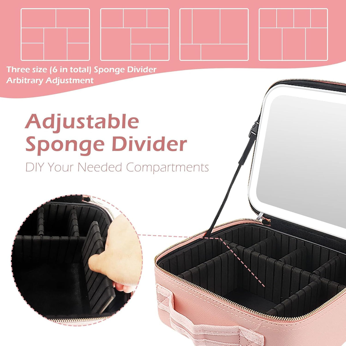 Makeup Train Case with Light & Mirror Large Cosmetic Organizer with Adjustable Dividers for Cosmetics,10X Magnifying Makeup Mirror,Pink