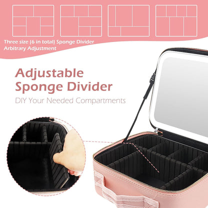 Makeup Train Case with Light & Mirror Large Cosmetic Organizer with Adjustable Dividers for Cosmetics,10X Magnifying Makeup Mirror,Pink